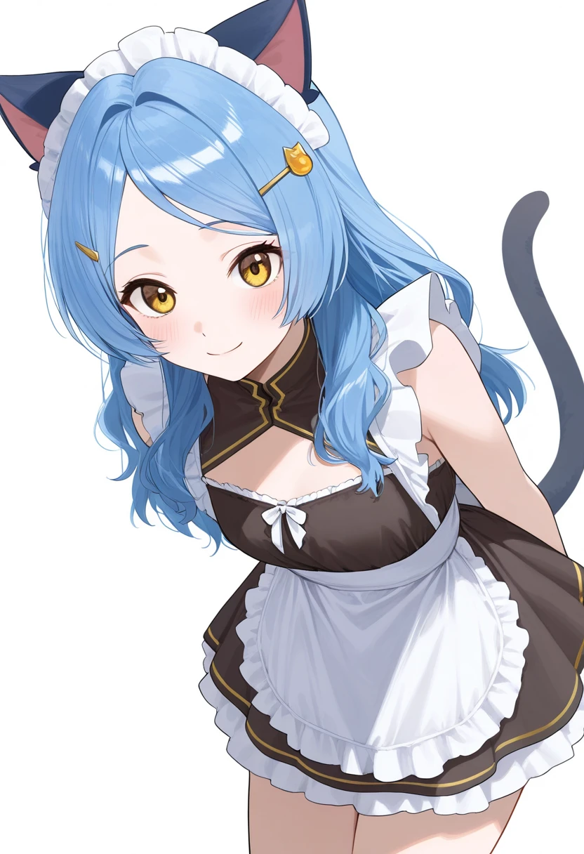 Look_( something that sings),  1 Woman ,   long hair,   animal ears  ,   Blue Hair, Chest,   yellow eyes,  Blanking in the Heart of the City, single   good, cat Tail,   brown eyes, medium Chest, cat ears,   good,  hair accessory as Kamui ,   Hairstick , hairpin,   maid clothes, 視聴者をLook, Alone, Tail, White background,    simple background, smile, shut up, 