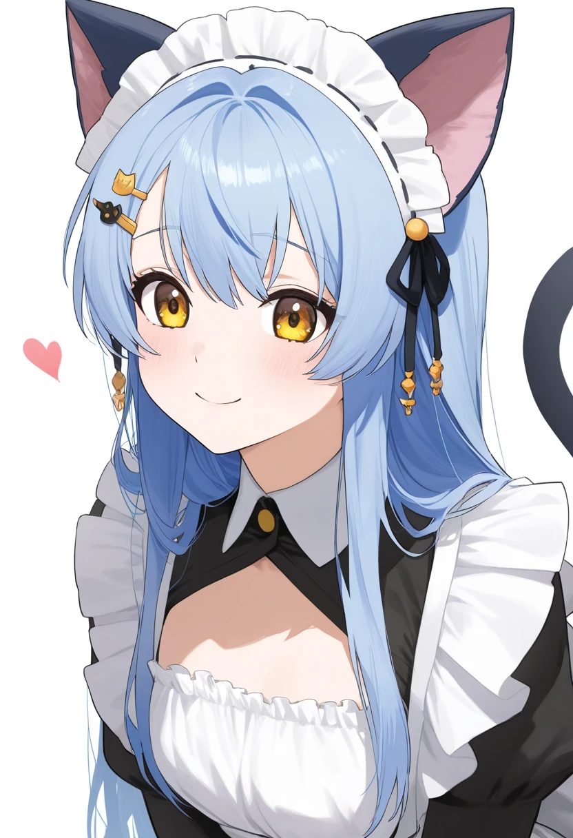 Look_( something that sings),  1 Woman ,   long hair,   animal ears  ,   Blue Hair, Chest,   yellow eyes,  Blanking in the Heart of the City, single   good, cat Tail,   brown eyes, medium Chest, cat ears,   good,  hair accessory as Kamui ,   Hairstick , hairpin,   maid clothes, 視聴者をLook, Alone, Tail, White background,    simple background, smile, shut up, 