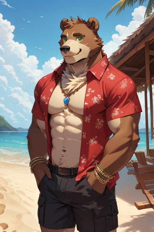 (masterpiece, Best Quality:1.2), free standing, deer, detailed face, detailed body, 5 fingers, Detailed hands, strong abs, pair of nipples, defined pectorals, green eyes, detailed eyes, short hair same coat color, 2 arms, homosexual, crotch bulge, tribal clothing, por pache riggs