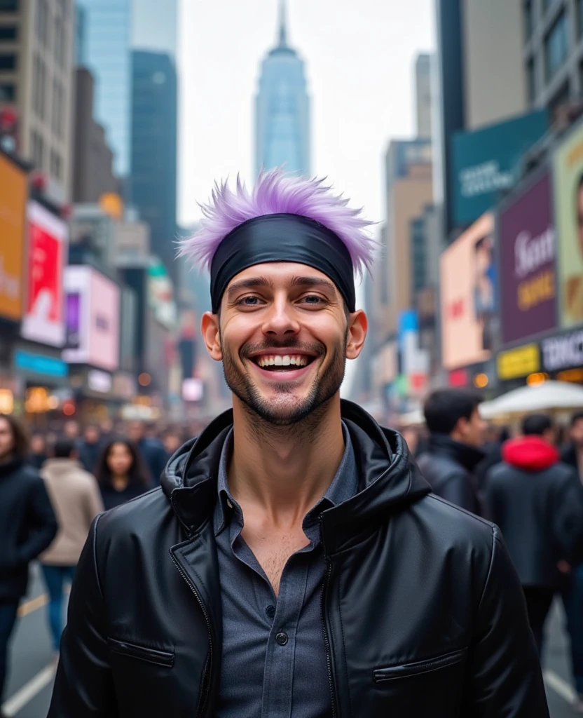 sator_joie, photographie d'un homme portant un bandeau noir, souriant. Il a les cheveux blanc-violet. Il se tient dans une ville surpeuplée.