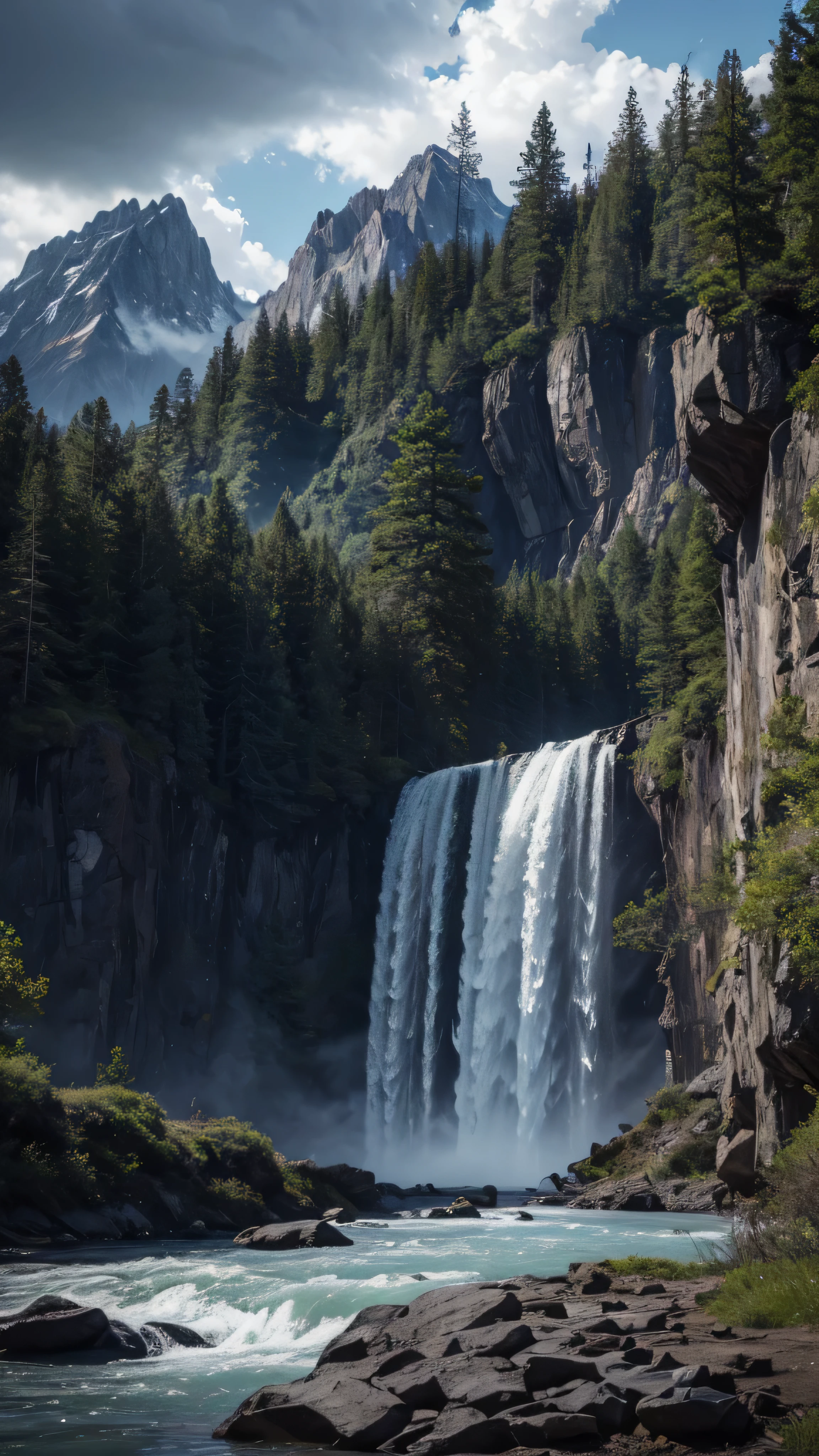 masterpiece, 最  High Quality  ,   High Quality  ,   Highly Detailed CG Unity 8K Wallpaper , landscape,   outdoor, null, cloud, null, no humans, Mountain, landscape, water, tree, blue null, waterfall, cliff, nature, lake, river , cloudy skies,   Award-Winning Photos,   depth of field  ,   high res, bloom,  Color Difference,   Photorealism ,   very detailed,  trending at Artstation with long pattern ,  CGSociety Trends ,    complicated ,   high detail, dramatic, Art on the go