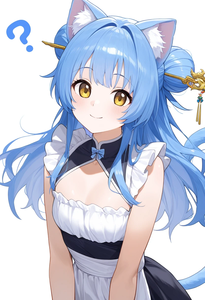 look_( something that sings),  1 girl,  long hair,  animal ears ,  Blue Hair, chest,  yellow eyes, single Hair Bun, cat Tail,  brown eyes, medium chest, cat ears, Hair Bun,, large chest,  hair accessories,  Hairstick , hairpin,   maid clothes, 視聴者をlook,  Alone, Tail, White background, ?, smile,   closed mouth 