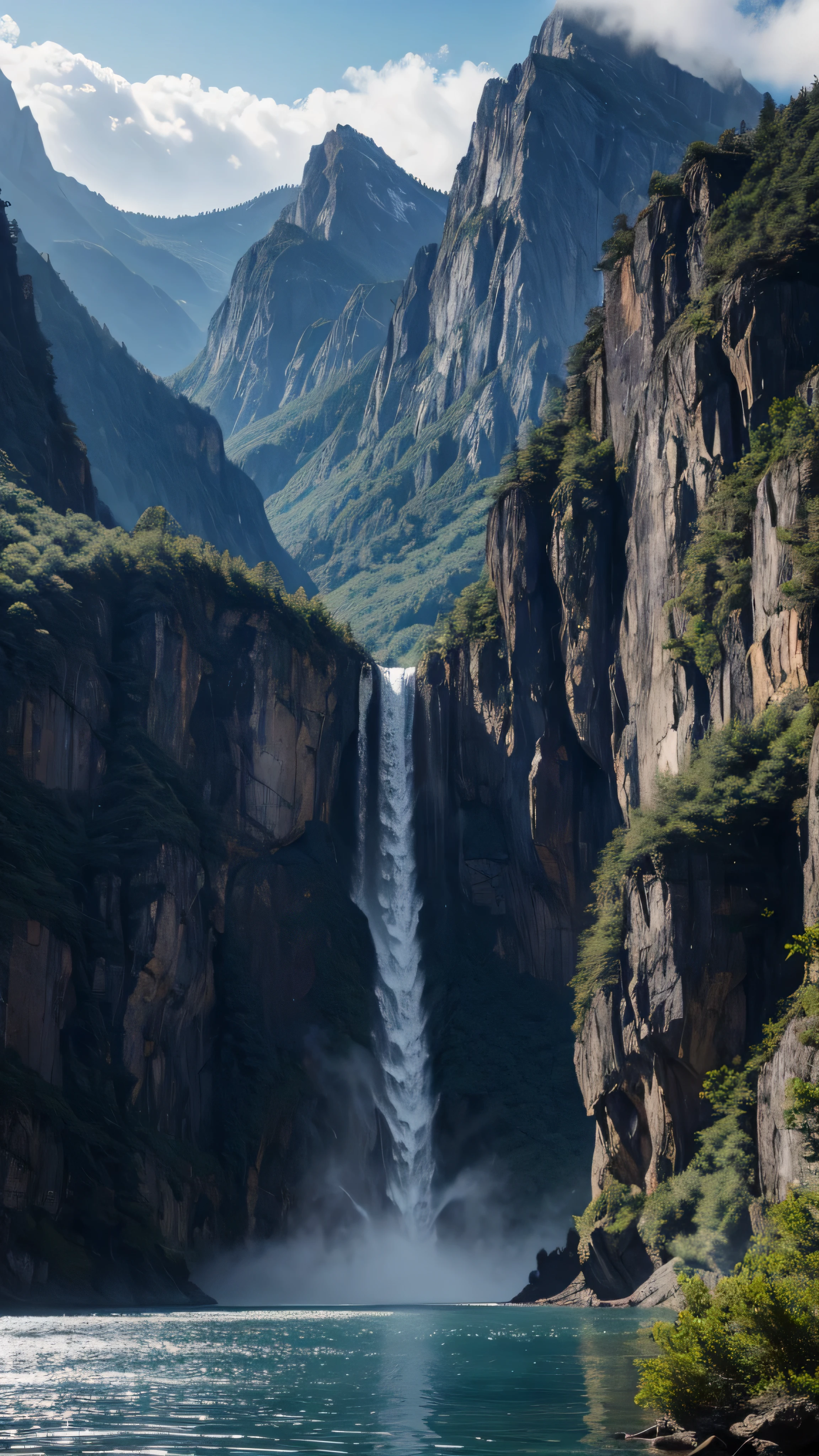 masterpiece, 最  High Quality  ,   High Quality  ,   Highly Detailed CG Unity 8K Wallpaper , landscape,   outdoor, null, cloud, null, no humans, Mountain, landscape, water, tree, blue null, waterfall, cliff, nature, lake, river , cloudy skies,   Award-Winning Photos,   depth of field  ,   high res, bloom,  Color Difference,   Photorealism ,   very detailed,  trending at Artstation with long pattern ,  CGSociety Trends ,    complicated ,   high detail, dramatic, Art on the go