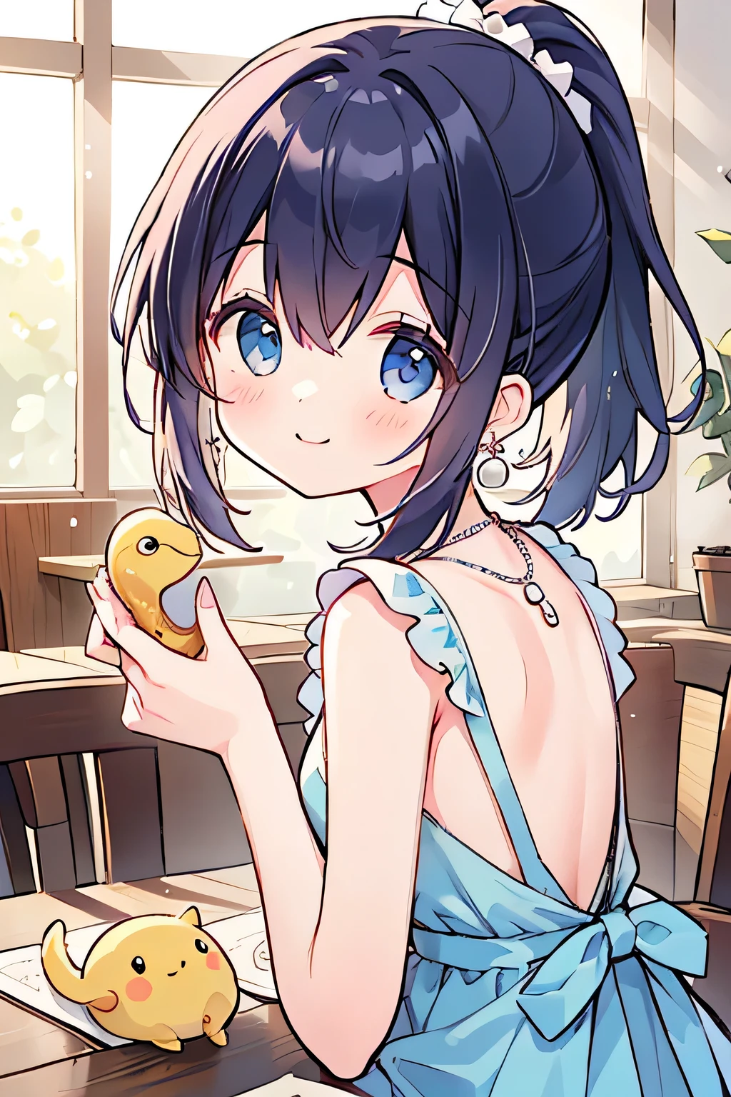top quality 、 high res、( high image quality:1.2)、masterpiece、 detailed background、 detailed face 、 anatomically correct、Normal number of fingers、 detailed eyes、age beauty、 brightly colored hair color 、 braided bob cut 、 ponytail、 pearl necklaces and silver earrings 、 big smile when looking back、
Please draw a scene where the girl plays with a snake with smooth scales in a warm wood-grained cafe 、The snake wraps around her arm and shows gentle movements as if feeling safe 、 The girl is depicted building a quiet bond with each other while stroking the snake with a gentle smile 、 Please delicately express the atmosphere of the cafe where the soft afternoon sunlight shines in and the smiling exchange between the snake and the girl、 cute