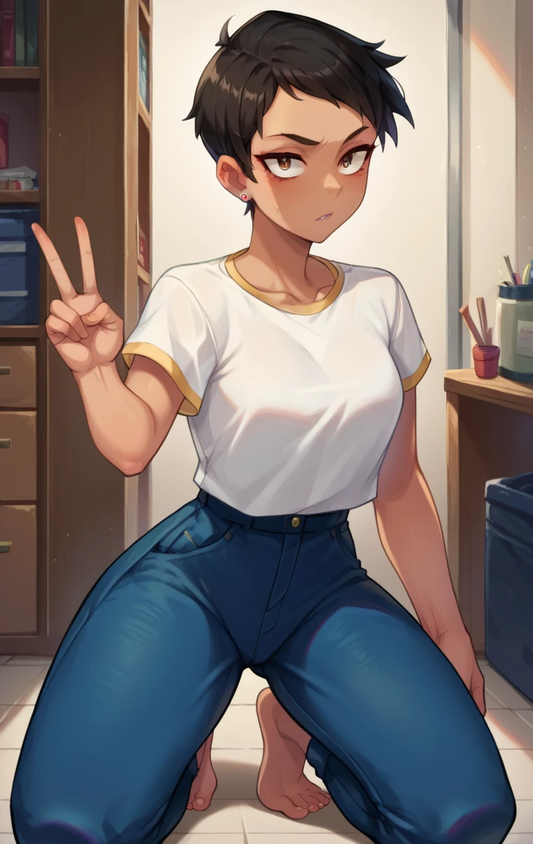 score_9,score_8_up,score_7_up BREAK LoisSDXL,1girl,short hair,black hair,brown eyes,jewelry,earrings,pants,dark skin,dark-skinned female,blue pants,white shirt,tomboy,room,room background,cowboy shot,kneeling, v,