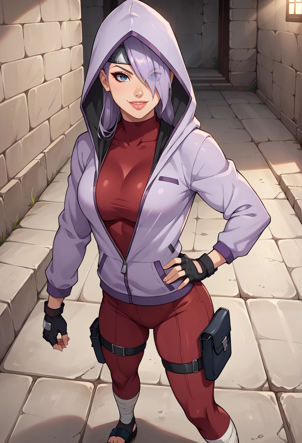 YodoBNNG , 1 girl, Alone,  Light-skinned girl ,  blond hair ,  long hair, unruly hair,   hair between the eyes ,  hair over one eye , big bang,  front protector ,  dark blue eyes , Lips,  big breast, plunging neckline, clothing clipping, hood, hoodie, jacket, half-unzipped hooded light purple jacket,  dark red full body suit ,  black gloves,  Sandals,  fingerless footwear , AuriculAres,  bandages around the ankles ,  bandages on the right thigh , makeabove, thigh pouch ,   
 seductive pose, pose sexy, provoke,   in the spotlight ,,
smile,Ruins, hand on the hip,
 score_9,  score_8_above,  score_7_above,  Beautiful aesthetic , very intricate,  high quality details,vibrant, highly detailed,  awarded, professional,ilustración anime,  anime style, studio anime, Athletic,  curvaceous body, Athletic girl, perky , big breast,perfect ,  round breasts ,  nipple contour ,  pants looking at the spectator, pinabove pose,  mocking ,  dynamic lighting ,  film dust, presumed, better than you ,  aura of temptation , highly detailed,  High resolution,  masterpiece, Detailed clothing,  detailed background , highly detailed, ((sound effects)) comic book design,