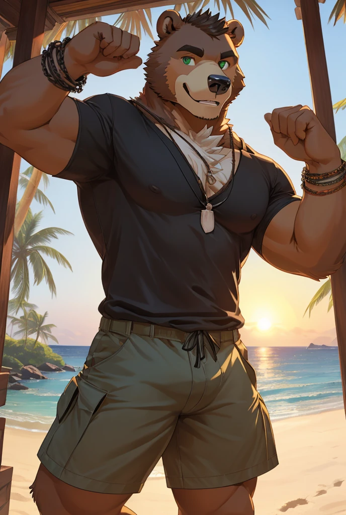  Alone,  anthropomorphic, eyes, masculine ,(brown bear) ,(medium body, the pectoral medium, medium arms ) ,shirtless ( black Hawaiian t-shirt , long gray cargo shorts  , black bracelet on the left arm )  , green eyes ,( looking at the viewer, symmetrical face,  light smile ), daylight ,  beach background at sunset,  Random pose ,( masterpiece ,  ultra detailed lingerie top,  Better quality),