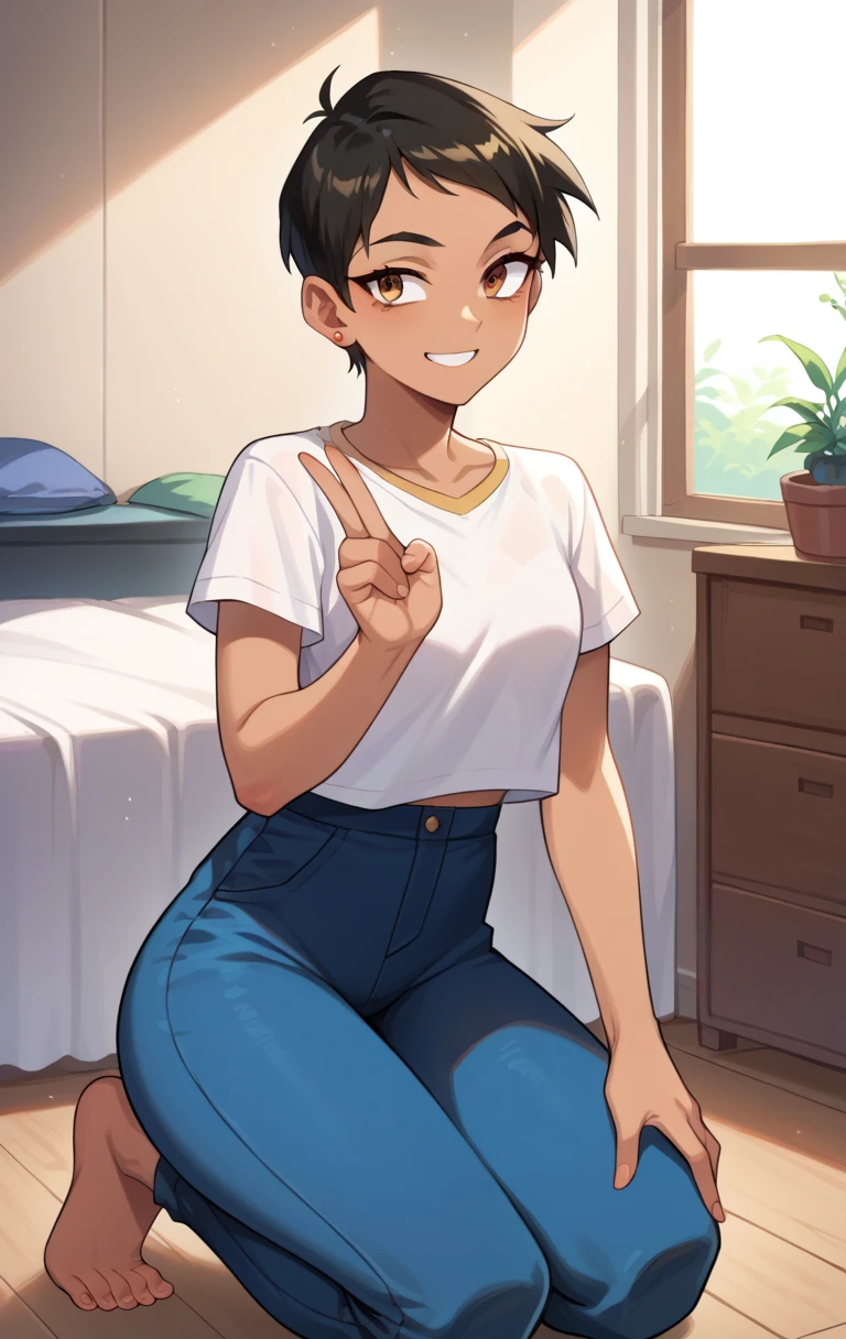 score_9,score_8_up,score_7_up BREAK LoisSDXL,1girl,short hair,black hair,brown eyes,jewelry,earrings,pants,dark skin,dark-skinned female,blue pants,white shirt,tomboy,room,room background,cowboy shot,kneeling, v, smile 