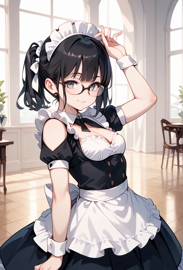 (masutepiece, Best Quality, Capture super cute moments, depth of fields, ultra-detailliert, Ultra High Resolution, C4D, Octadale, 3D Modeling, 8K, 16 K, one girls、a junior high school student、A dark-haired、short-hair、straight haired、Light brown eyes,hair adornments、wearing black glasses、A smile)、maid clothes、Slender body、small tits