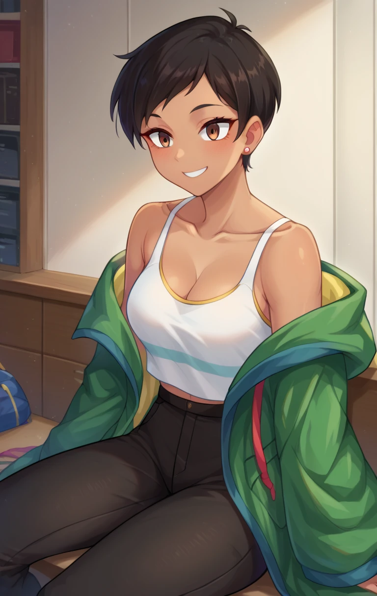 score_9,score_8_up,score_7_up BREAK LoisSDXL,1girl,short hair,black hair,cleavage,brown eyes,jewelry,earrings,black pants,dark skin,off shoulder,dark-skinned female,green coat,black pants,tank top,white tank top,cowboy shot,room,room background,sitting, smile 