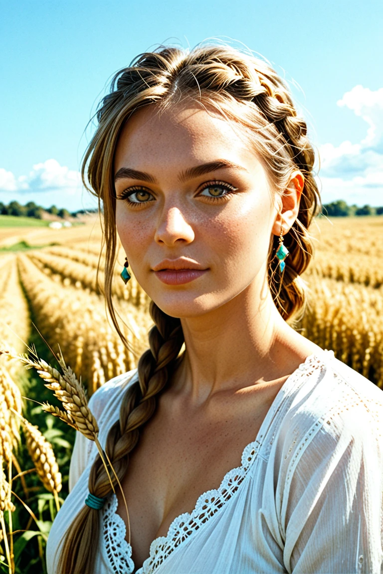  woman with long hair braided braid, walks in the wheat field