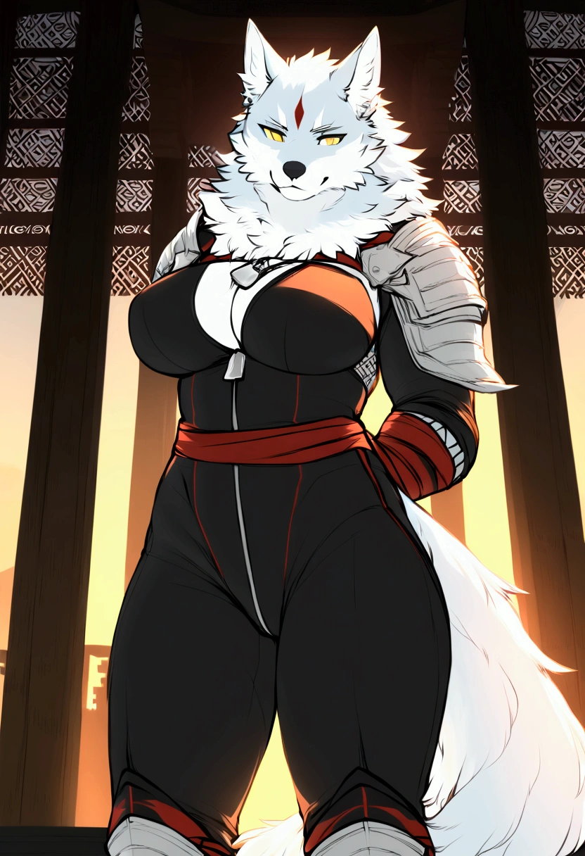 (top quality, best quality, Iriedono, High-quality illustrations, masterpiece, perfect artwork, cinematic light and shading, 16k, 1080p, uploaded on e621)(kemono, furry, anthro, alone), 1 larger female, (very detailed body, face, tail, arms, hands, legs, head and eyes), wolf, Law, (Sdorica), big breasts, fur, fluffy, wolf ears, wolf fluffy tail, perfect eyes, yellow eyes, black pupils, beautiful fighter master one-piece bodysuit, beautiful master fighter armor, wearing a dog tag, beautiful temple, body movement, body twitching, jiggle physics,