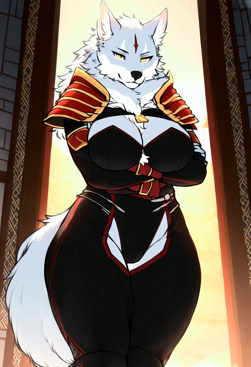 (top quality, best quality, Iriedono, High-quality illustrations, masterpiece, perfect artwork, cinematic light and shading, 16k, 1080p, uploaded on e621)(kemono, furry, anthro, alone), 1 larger female, (very detailed body, face, tail, arms, hands, legs, head and eyes), wolf, Law, (Sdorica), big breasts, fur, fluffy, wolf ears, wolf fluffy tail, perfect eyes, yellow eyes, black pupils, beautiful fighter master one-piece bodysuit, beautiful master fighter armor, wearing a dog tag, beautiful temple, body movement, body twitching, jiggle physics,