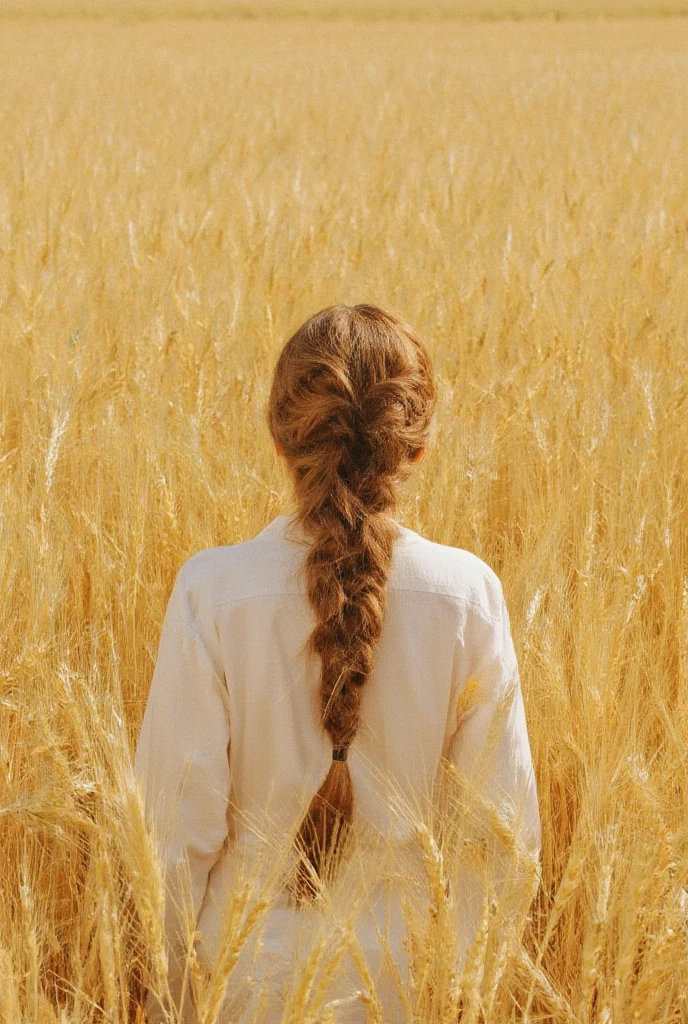 woman with long hair braided braid, walks in the wheat field