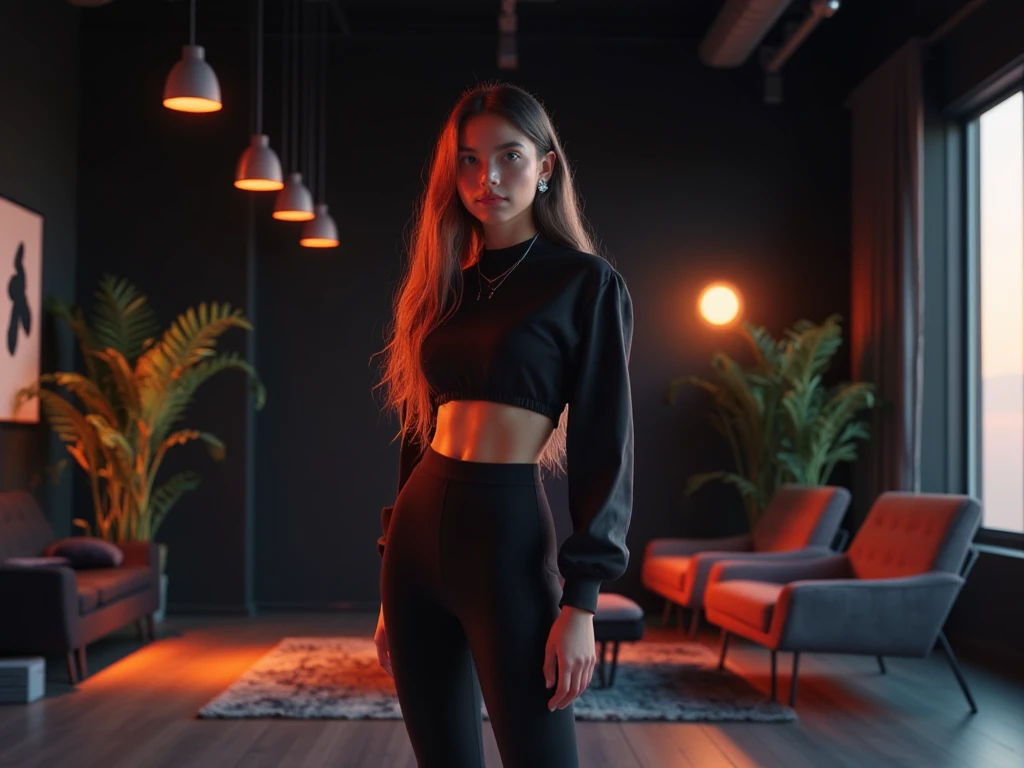 A stylish young woman posing confidently in a modern, minimalistic dark room . She has long, wavy hair and wears a chic two-piece outfit that highlights her figure. The setting includes indoor plants and contemporary furniture, with moon light creating a warm atmosphere. The artist's signature is subtly displayed in the corner. The overall mood is elegant and empowering, emphasizing fashion and self-expression.