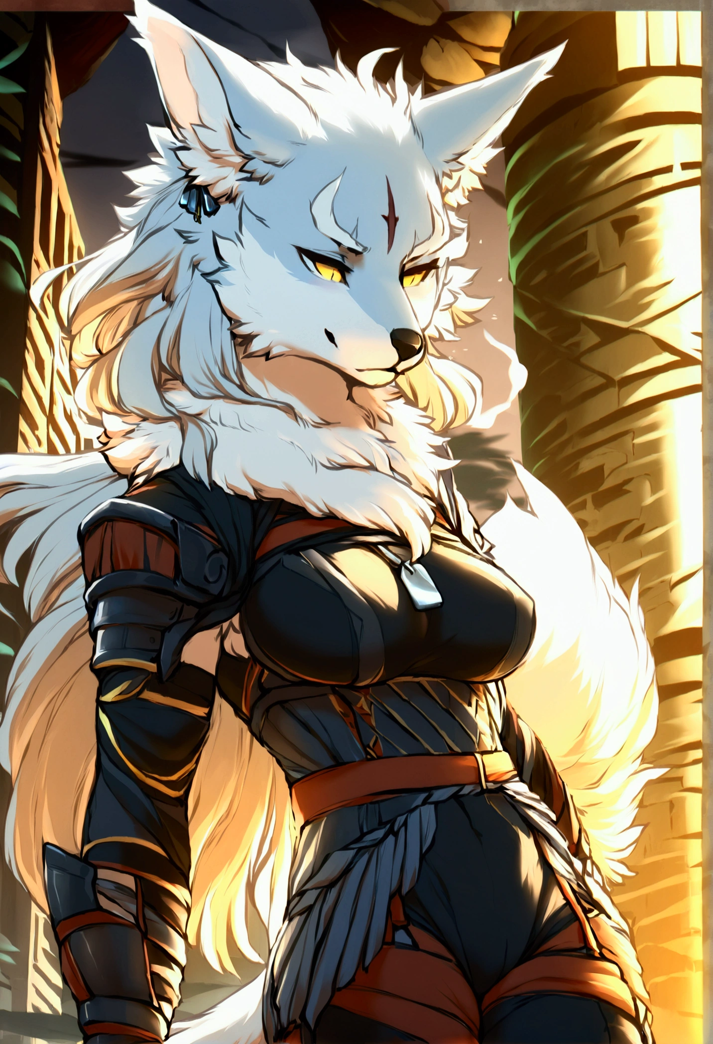 (top quality, best quality, Iriedono, High-quality illustrations, masterpiece, perfect artwork, cinematic light and shading, 16k, 1080p, uploaded on e621)(kemono, furry, anthro, alone), 1 larger female, (very detailed body, face, tail, arms, hands, legs, head and eyes), wolf, Law, (Sdorica), big breasts, fur, fluffy, wolf ears, wolf fluffy tail, perfect eyes, yellow eyes, black pupils, beautiful fighter master one-piece bodysuit, beautiful master fighter armor, wearing a dog tag, beautiful temple, body movement, body twitching, jiggle physics,