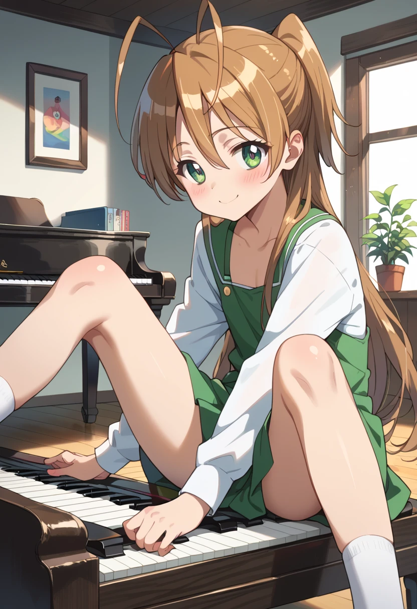 (( top quality )), ((masterpiece)), (be familiar with), perfect face, indoor, bedroom,  watching viewers,
One woman, Miyamoto Rei,
開いた口,  ecstatic expression beside the piano, blush, smile,
 small ,  flat chest, Young girl, Lori,  kids,  girl,
 long hair,  ponytail,
Leg spread,