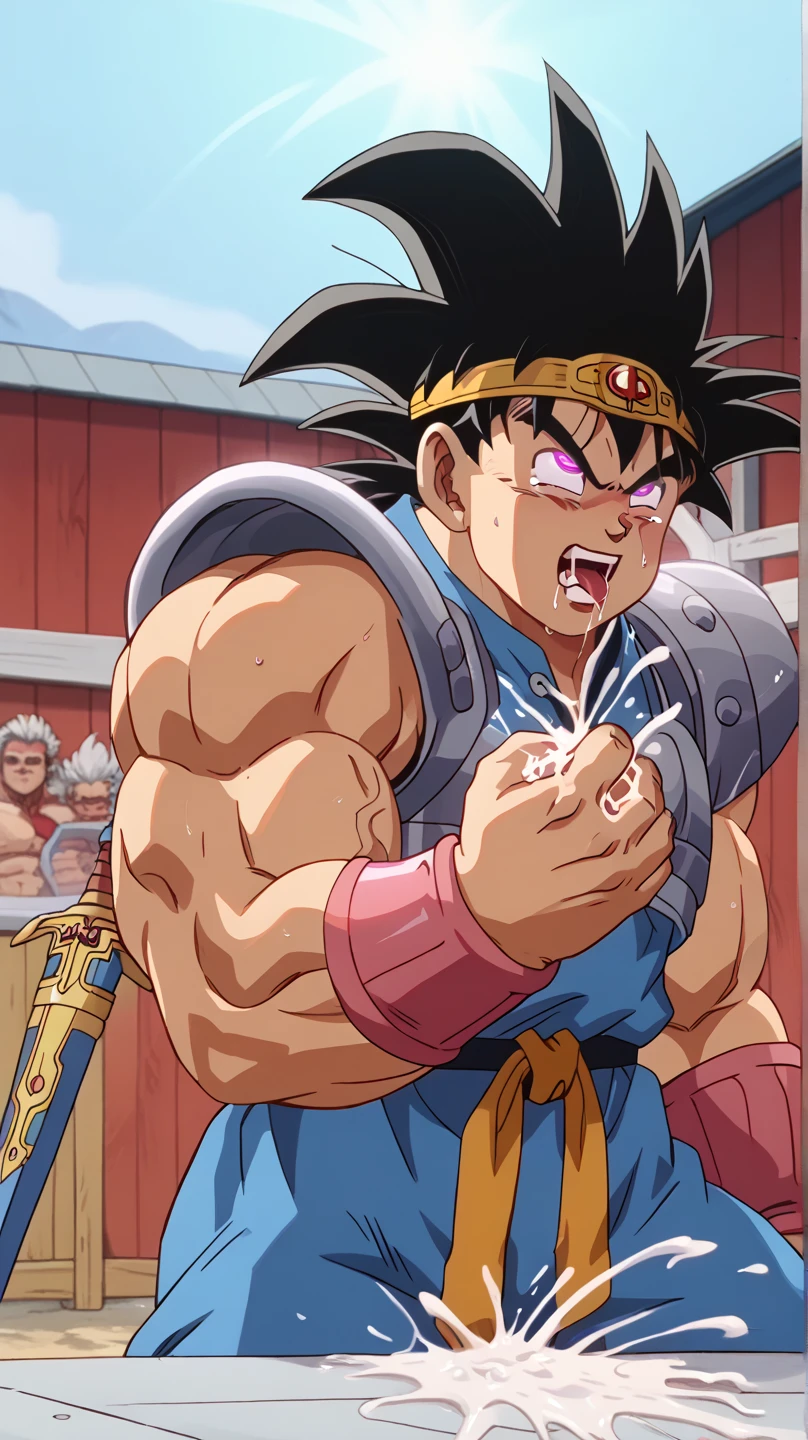  top quality ,Anatomical, Big Muscles ,Goku and Kogenta mix,Devil's Body and Wings , gigantic penis,Strong Orgasm ,Freeze in the cold ,Dripping semen, drool,Shed a lot of tears, black hair, mind control ,armor, headband, hold the sword,Lots of veins 