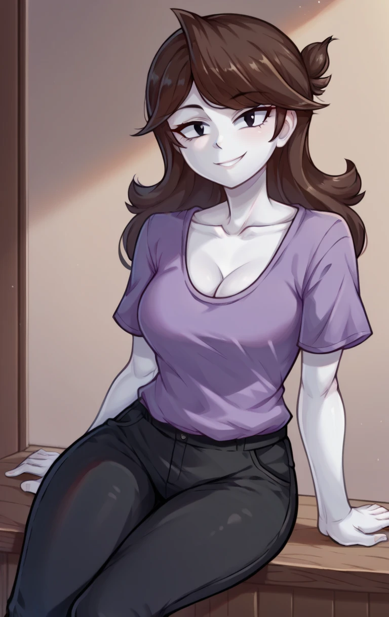 score_9,score_8_up,score_7_up BREAK jaidenSDXL,1girl,long hair,brown hair,black eyes,shirt,cleavage,collarbone,short sleeves,pants,black pants,white skin,purple shirt,cowboy shot,room,room background,sitting,seductive smile,