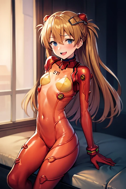 (( top quality )), ((masterpiece)), (be familiar with), perfect face, indoor, bedroom,  watching viewers,
One woman,  Soryu Asuka Langley ,
開いた口,  ecstatic expression beside the piano, blush, smile,
 small tits,  flat chest, Young girl, Lori,  s,  girl,
 long hair,  twin tails,
Leg spread,