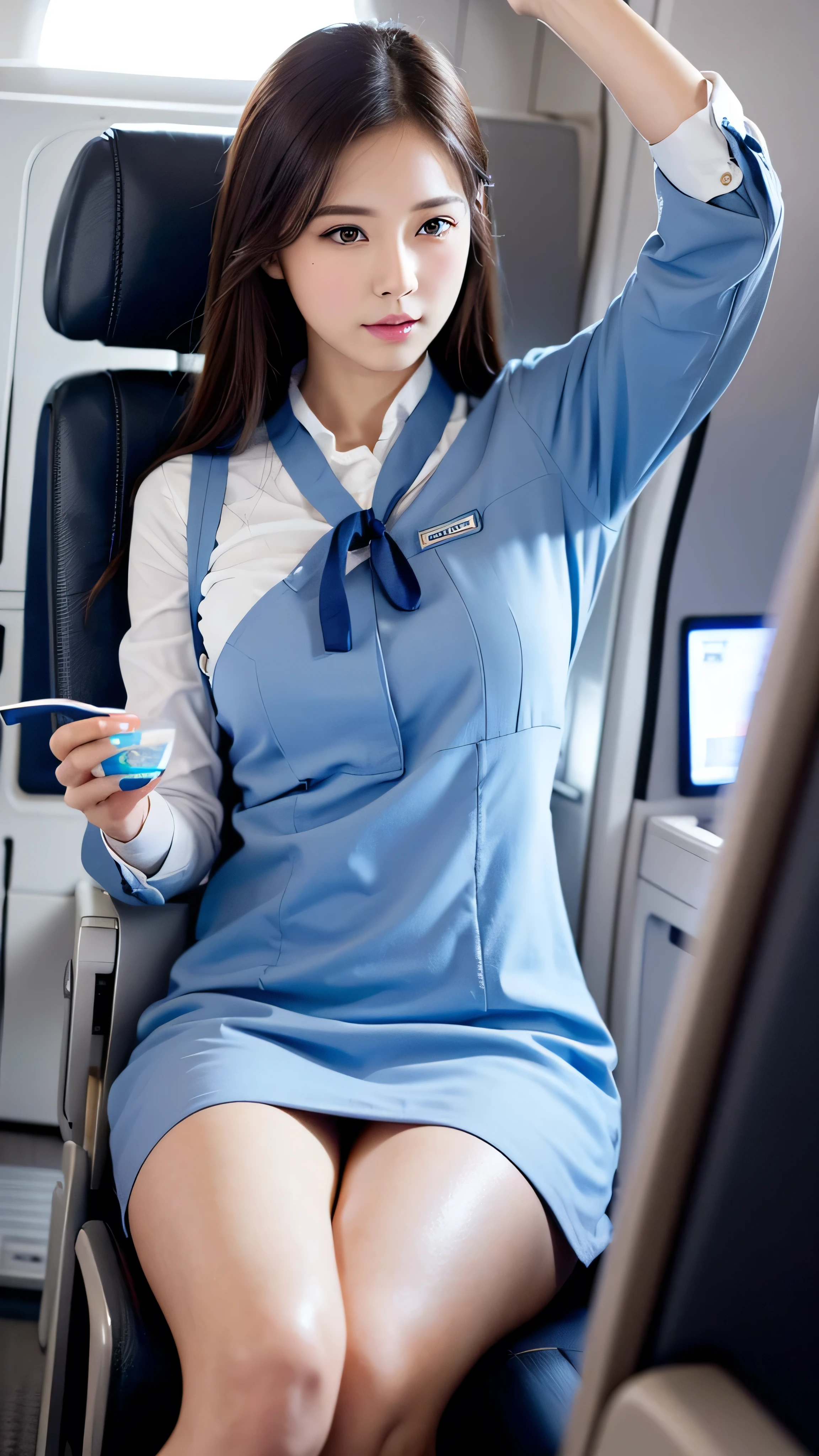  high-definition picture ，top quality, masterpiece, 8k,  Ultra Fine, ( photorealistic : 1.4),  1 girl,  beautiful faces,  symmetrical eyes, big,  perfect body proportions,  stewardess uniform ,  Viewers' Perspective, (In-flight: 1.2), Front View, Shoulder jump,  absolute domain (1.3),Detailed images of what the in-flight looks like。