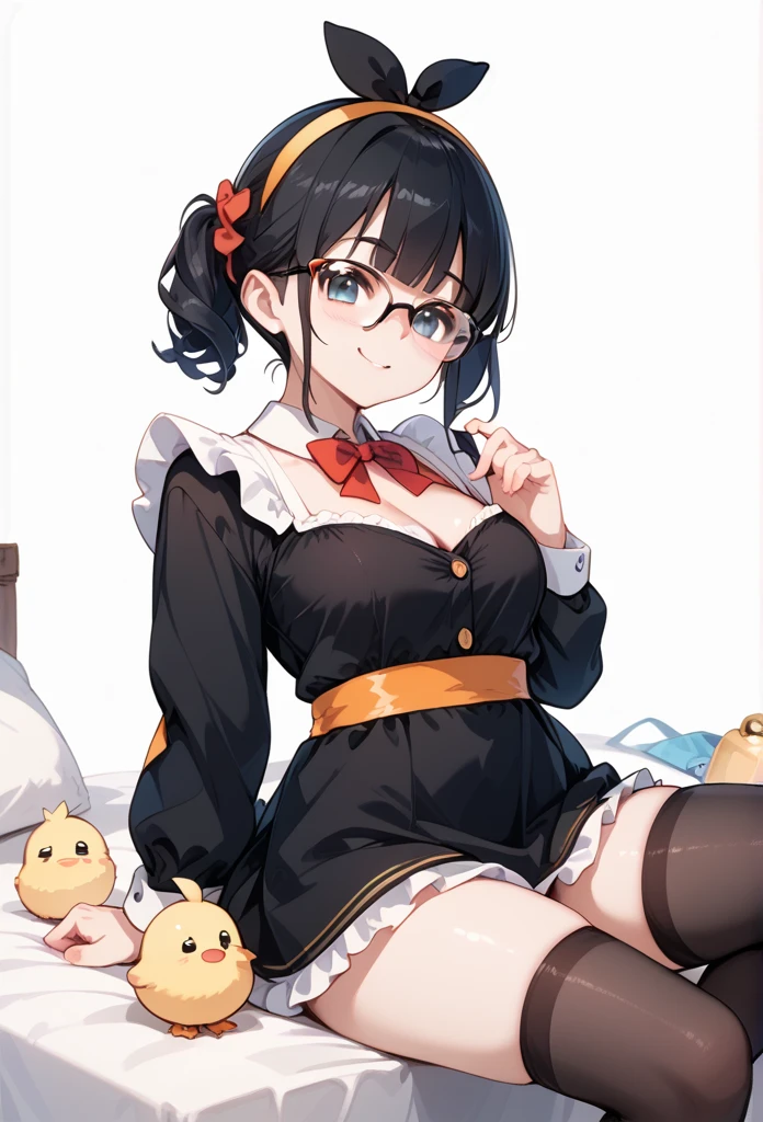 Black hair, glasses, chick costume