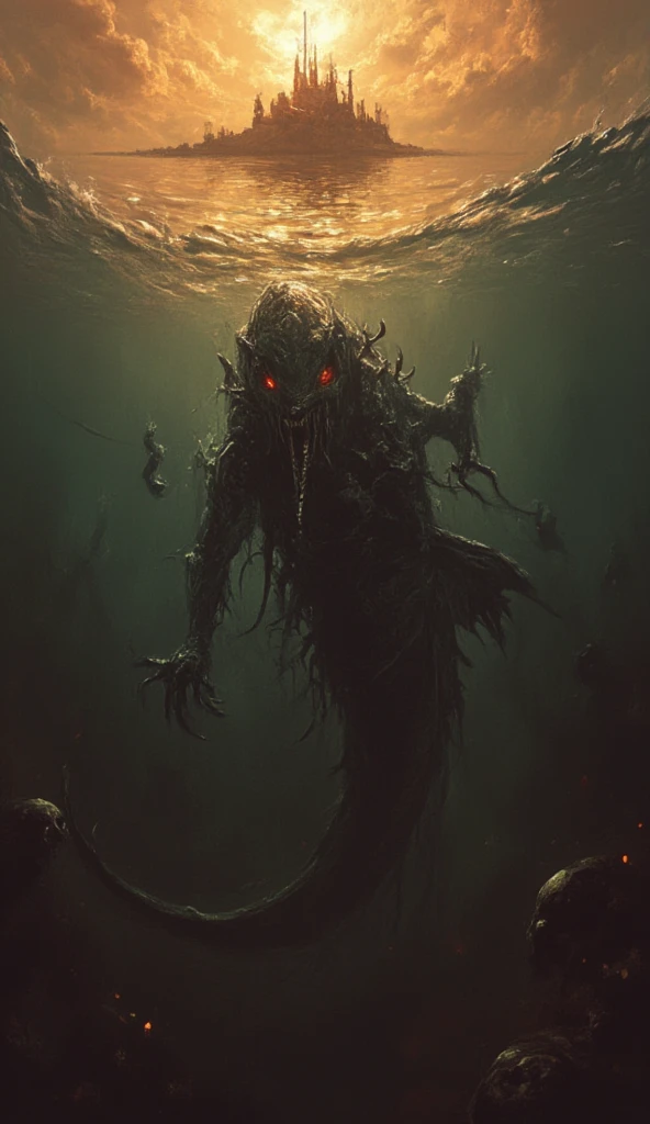 ,HP.Lovecraft,  image of a super deep lake ,vague underwater , cloudy water, a colossal abyssal reptilian dragon swimming under it ,  completely submerged ,  large hybrid form Eldritch , long and bulky shape ,  fish with a creepy and distorted appearance,  supernatural underwater being ,  scales and fins , long tail like fish , small tentacles ,claws,Teeth, chimera,eyes,  high contrast between below coral and above the water ,  warm color on top ,  but cold color underneath ,  some island on the surface ,bright sun, skull