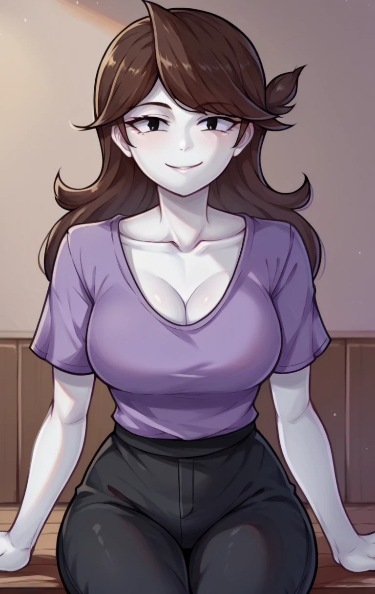 score_9,score_8_up,score_7_up BREAK jaidenSDXL,1girl,long hair,brown hair,black eyes,shirt,cleavage,collarbone,short sleeves,pants,black pants,white skin,purple shirt,cowboy shot,room,room background,sitting,seductive smile,