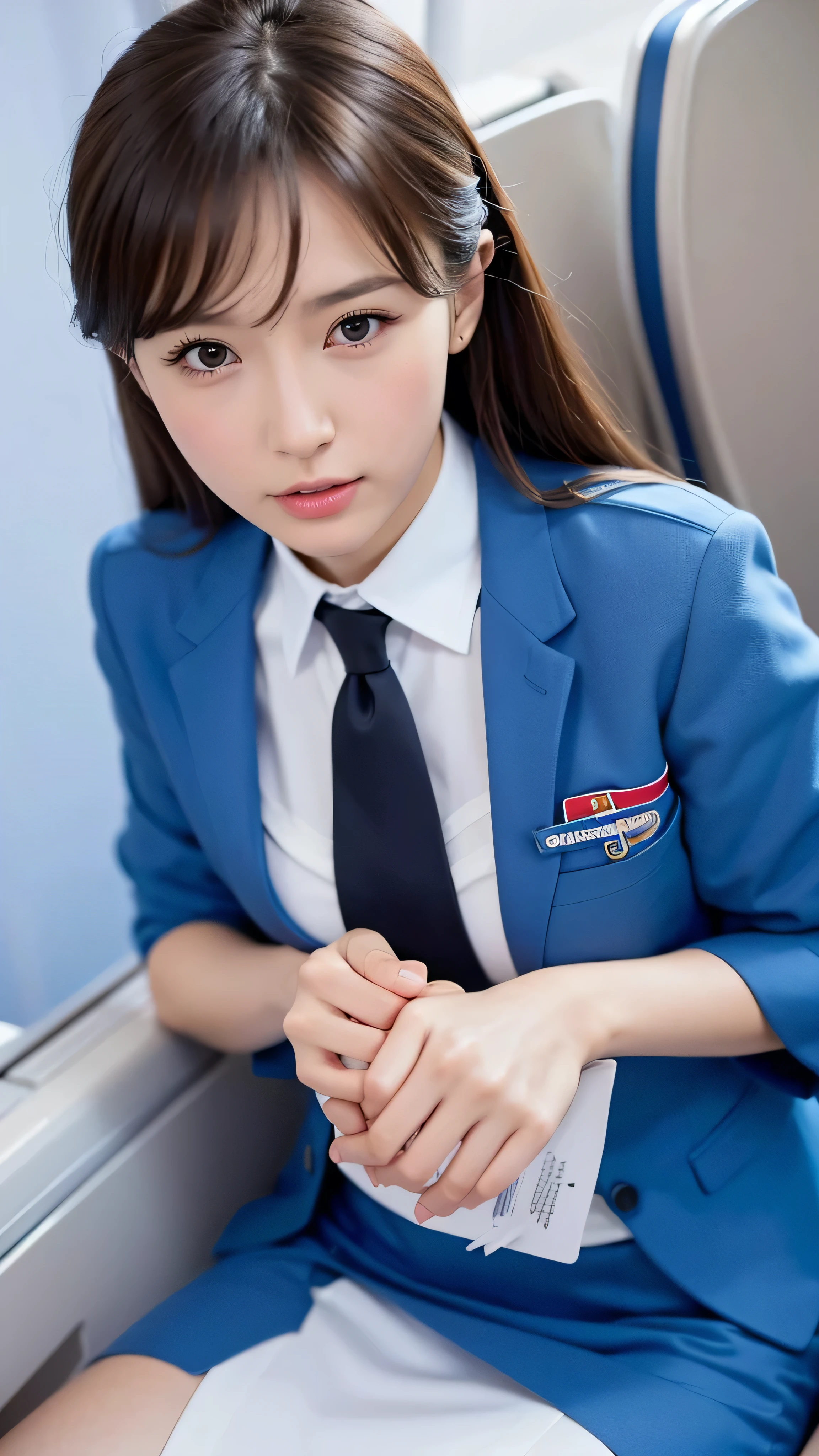  high-definition picture ，top quality, masterpiece, 8k,  Ultra Fine, ( photorealistic : 1.4),  1 girl,  beautiful faces,  symmetrical eyes, big,  perfect body proportions,  stewardess uniform ,  Viewers' Perspective, (In-flight: 1.2), Front View, Shoulder jump,  absolute domain (1.3),Detailed images of what the in-flight looks like。