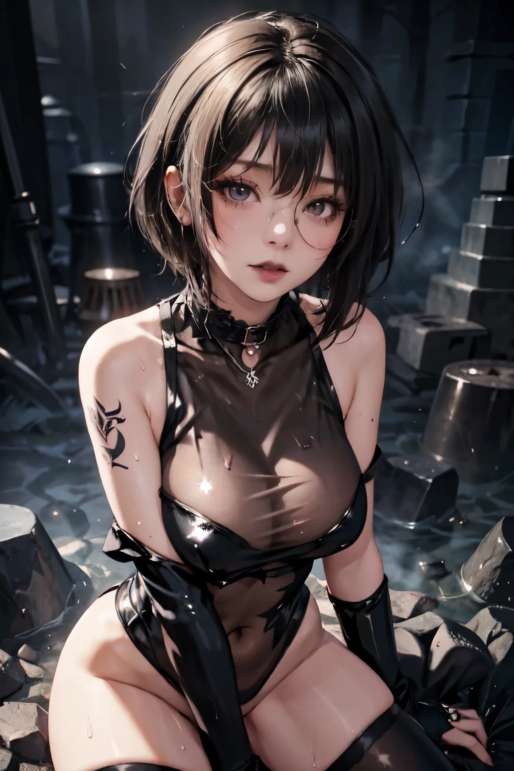 Girl, woman, emo_hairstyle, black lipstick, dog collar, eyeliner, mascara, eye shadow, smoky eyes, realistic lighting, short hair, black hair, shiny skin, big breast, thighhighs, Hot, sexy, Round glasses, off shoulder, sleeveless, black leotard, cleavage, fantasy, elbow gloves, (tattoos:1), (sweaty:1.1). see-through leotard.