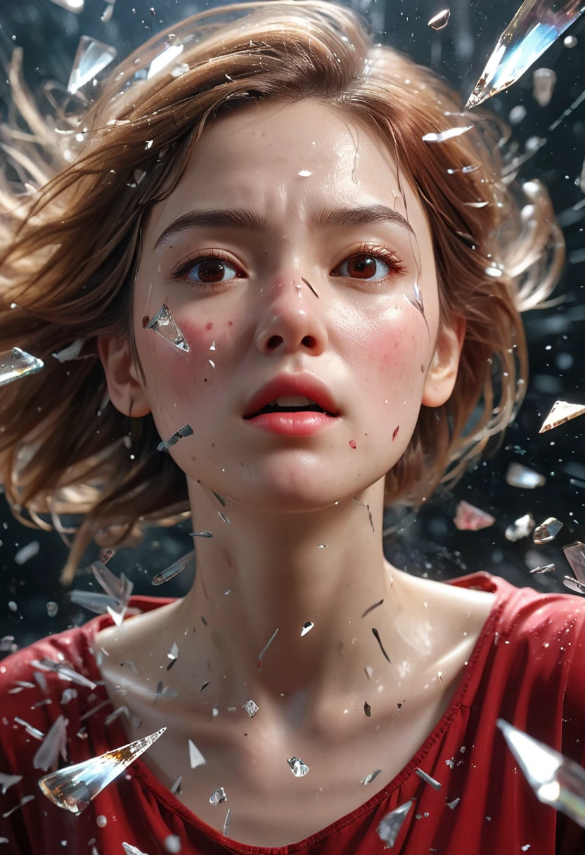 （best quality，Super fine，fidelity：1.37），beautiful girl，cold expression，Red viscous liquid oozes from facial scratches，close up。bullets flying in the air，broke the glass。Instant capture，penetrating glass shards，Detailed bullet trajectories，violent impact，Scattered shards of glass，Debris in mid-air，slow motion freeze，high speed capture，dynamic chaos，precise timing，Flying debris，suspended in the air，dancing fragments，stained glass shards，refracted light，Move fast，translucent shards，windows in fragments，