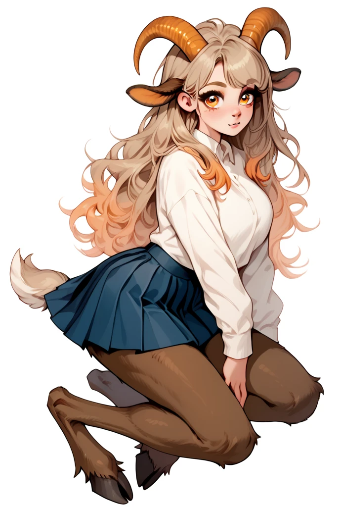 1girl, satyr girl, pastel brown hair, long hair, orange eyes, long eyelashes, goat horns, goat legs, hooves, brown leg fur, pleated skirt and white shirt, simple background, High Resolution, curvy body