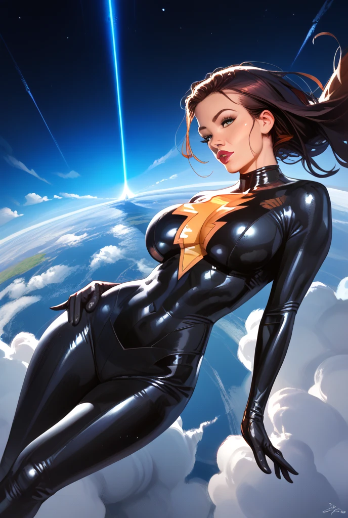 sexy mary marvel, tight black suit,big breast,flying in space,miniskirt