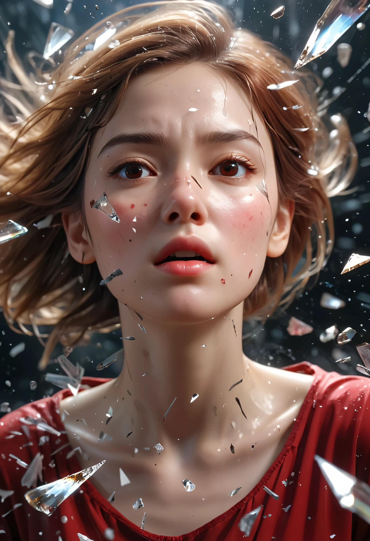 （best quality，Super fine，fidelity：1.37），beautiful girl，cold expression，Red viscous liquid oozes from facial scratches，close up。bullets flying in the air，broke the glass。Instant capture，penetrating glass shards，Detailed bullet trajectories，violent impact，Scattered shards of glass，Debris in mid-air，slow motion freeze，high speed capture，dynamic chaos，precise timing，Flying debris，suspended in the air，dancing fragments，stained glass shards，refracted light，Move fast，translucent shards，windows in fragments，