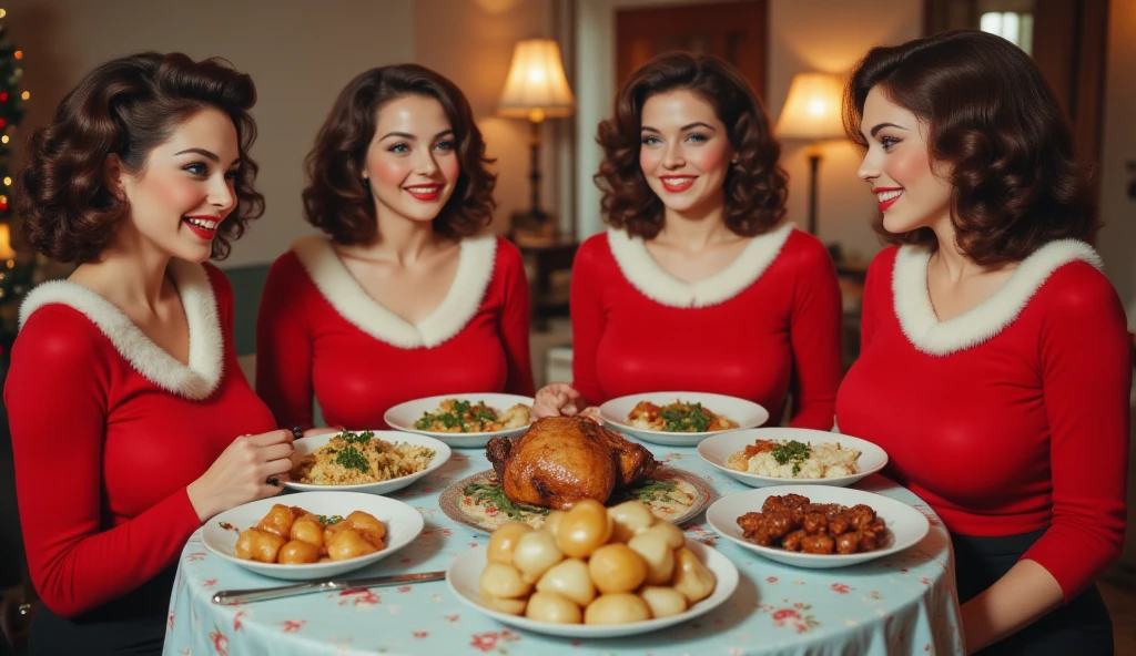 Four young women, likely in their late twenties, sit around a warmly lit table, dressed in identical vibrant red Santa Claus-style sweaters with cream-colored detailing. Their hair is styled in voluminous, dark brown curls. They all have similar facial features, fair skin and a joyful expression; they appear to be mid-meal with smiles and engaged in conversation. The perspective is a slightly high-angled shot, from above the table, allowing a full view of the diners and the food. The lighting is soft and warm, emphasizing their features and the festive atmosphere. The setting is an intimate dining scene, with a light-colored tablecloth featuring a floral or patterned design. Around the table are several placesettings with dishes of food and candles. The food on display includes roasted meats, potatoes, and various other dishes, suggesting a festive meal or celebration. The overall mood is festive and celebratory, with a touch of playful sensuality. The style of the image is reminiscent of glamour photography and a somewhat suggestive, promotional style. The composition is symmetrical, with the women positioned across the table, adding to the visual balance. Soft focus is used on the midground and women's bodies, focusing the attention on the scene.