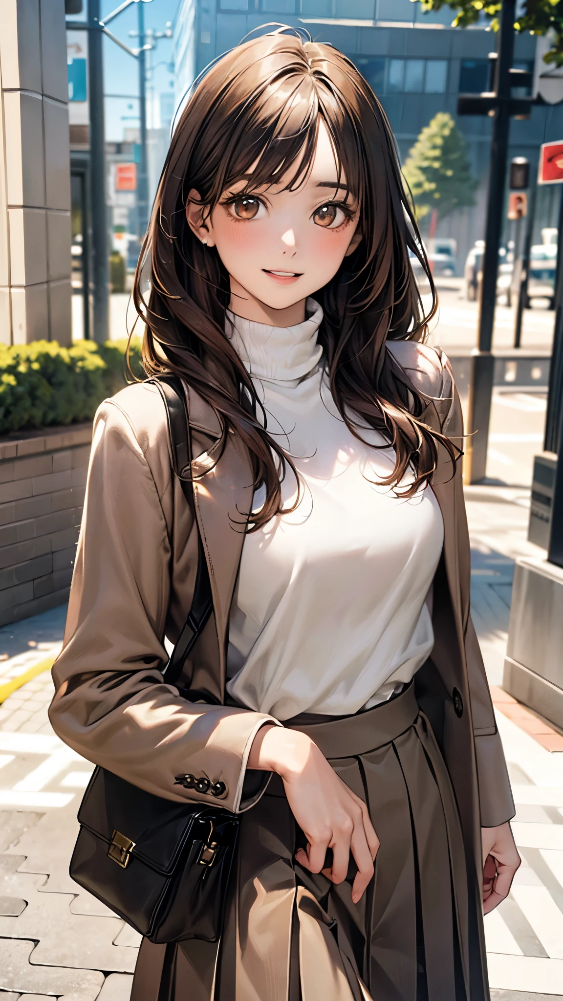 ((Perfect Anatomy, Anatomically correct, Very detailed肌)), 1 Beauty Witch, Japanese, 30 years old, (Ultra-oily, lustrous skin with attention to detail:1.1), Take in the view, A soft smile、(Smile, Lips parted),
Beautiful Hair, Beautiful Face, Beautiful attention to detail, (Mid-length hair:1.4, Messy Hair:1.2), Parted bangs, Baby Face,
Beautiful clavicle, Beautiful body, Beautiful breasts, (Large Breasts:0.8), Beautiful thighs, Beautiful feet,
(Open Court、Beige trench coat:1.4), ((White turtleneck sweater:1.4))、((Black long skirt 1.4))、
(Beautiful views), (night), (city, cityscape in the distance), Are standing、
(8k, Highest quality, Masterpiece:1.2, Very detailed), (Realistic), Beautiful art, Visual Arts, Depth of written boundary, Cinema Lighting, ,