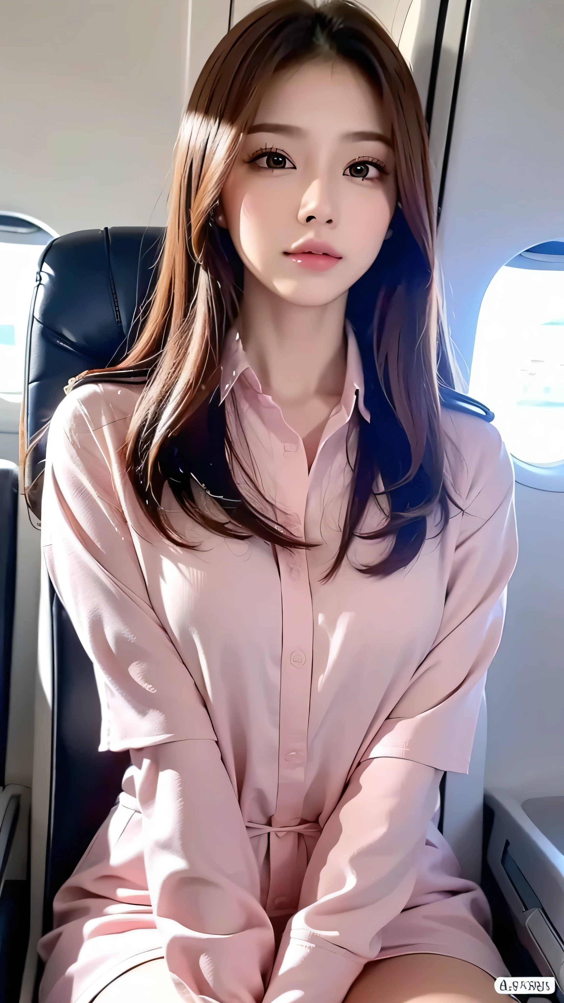  high-definition picture ,top quality, masterpiece, 8k,  Ultra Fine, ( photorealistic : 1.4),  1 girl,  beautiful faces,  symmetrical eyes, big,  perfect body proportions, pink stewardess uniform,  Viewers' Perspective, (In-flight: 1.2), Front View,  on the boat deck and look at the camera,  absolute domain (1.3),Detailed images of what the in-flight looks like。