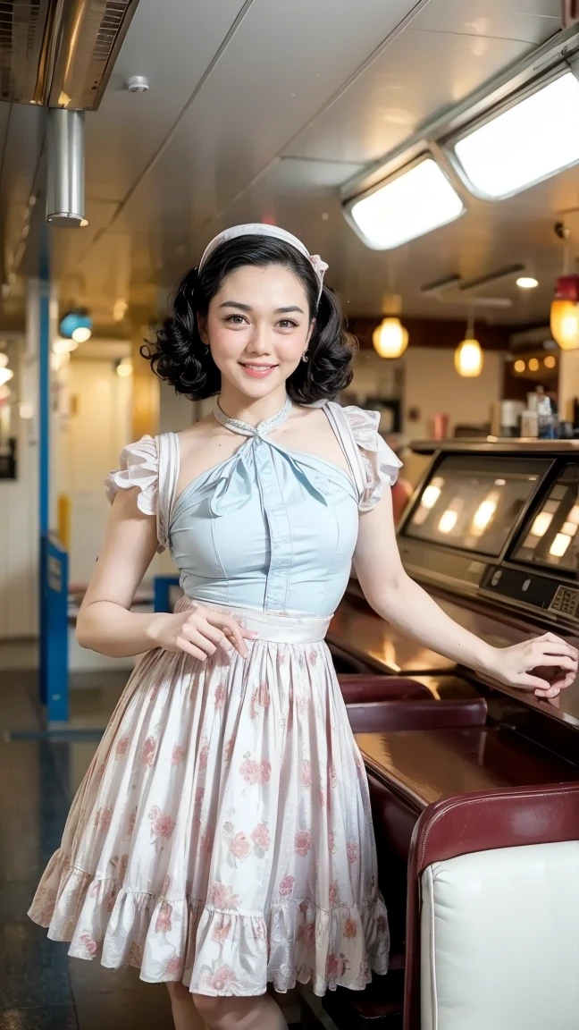 1girl dressed in a 1950s-inspired dress, complete with a full skirt and petticoat, her hair styled in classic pin curls. She should be seated at an old-fashioned diner, surrounded by vintage details like a jukebox, chrome accents, and neon signs. Her eyes should be sparkling with excitement, her skin flawless and glowing under the soft, dramatic lighting. This scene should be captured on 35mm film, with a beautiful depth of field and a slightly blurry, nostalgic background,, filmg,