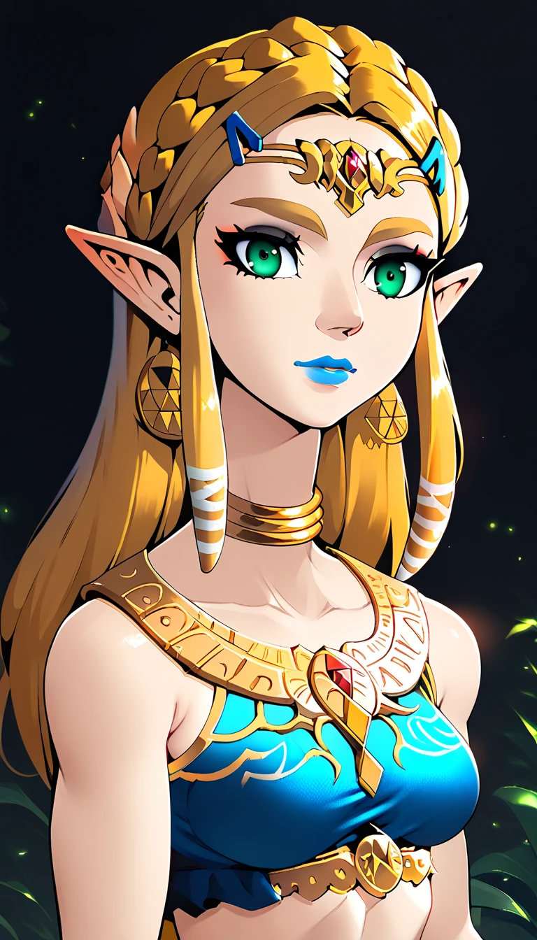 score_9, score_8_up, score_7_up, score_6_up, geewhy_style, princess Zelda,
1girl, solo, looking at viewer, jewelry, gold, long hair, green eyes, blonde hair, pointy ears, light-skinned female, makeup, lipstick,  neck ring, blue lips, breasts, bare shoulders,  crop top
cowboy shot, dutch angle, light smile, 
