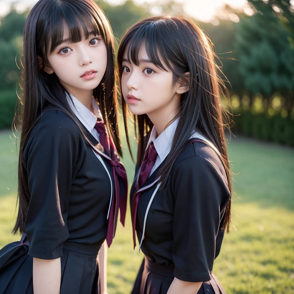 girl,twin girls, ( black uniform ),  sunset , professional photography, Black hair short bob with bangs, (completely straight hair), ( the bangs are straight and cover the forehead completely),  movie photo,  detailed face,  beautiful Asian girl , Sunlight illuminating the hair , Hair gets tangled in strong winds,  side view,  girl with a fragile and delicate appearance,pale and sweaty face ,  grape-colored green eyes , Girls almost kissing 