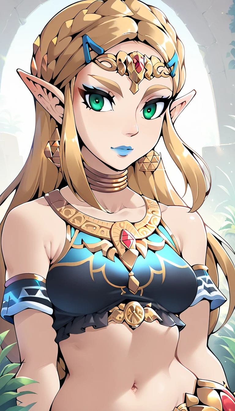 score_9, score_8_up, score_7_up, score_6_up, geewhy_style, princess Zelda,
1girl, solo, looking at viewer, jewelry, gold, long hair, green eyes, blonde hair, pointy ears, light-skinned female, makeup, lipstick,  neck ring, blue lips, breasts, bare shoulders,  crop top
cowboy shot, dutch angle, light smile, 
