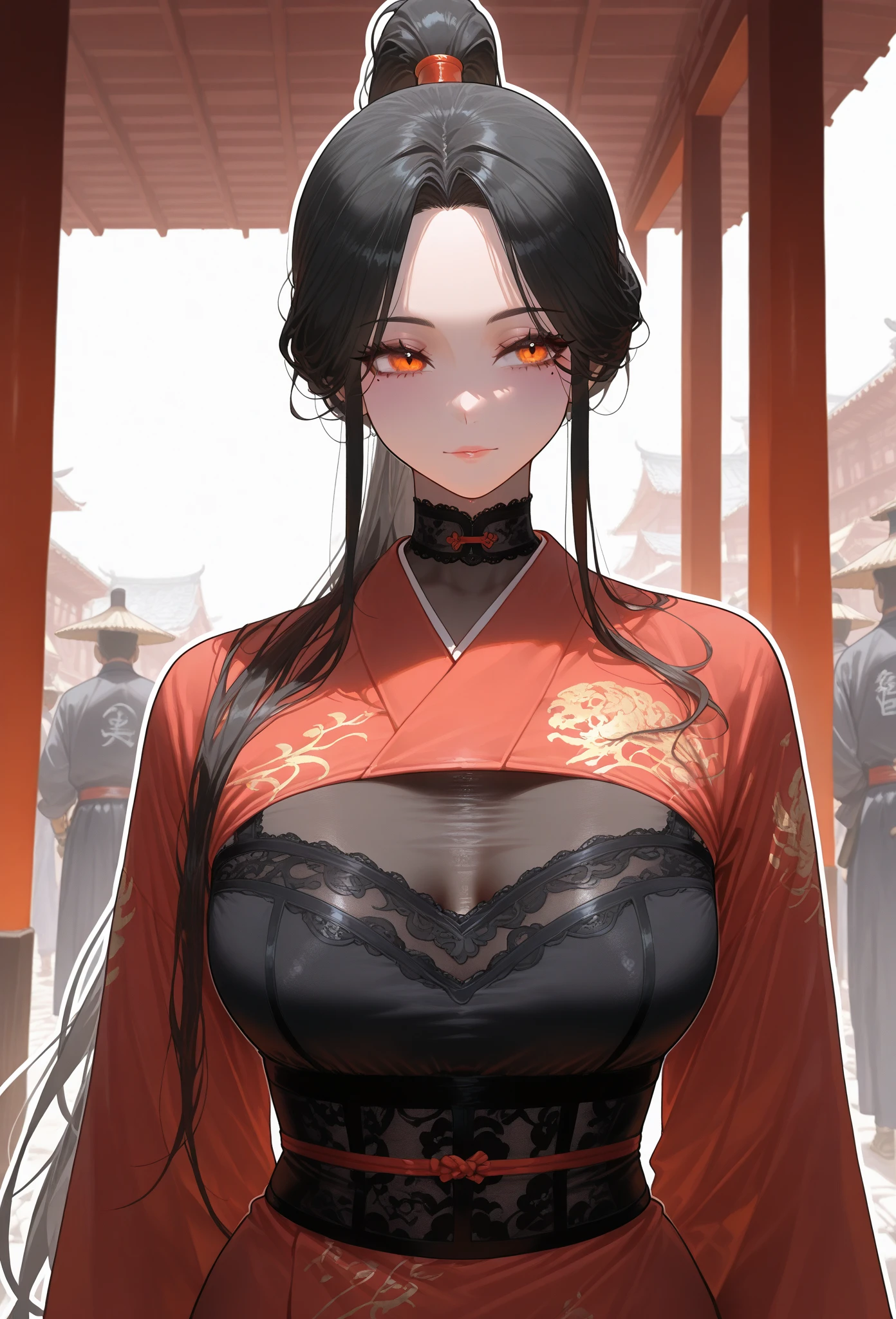 ((black hair), long hair, ponytail), (orange eyes, perfect eyes),
red oriental kimono, 
((black sheer bust panel:1.3), bust transparency only), 
standing in an eastern village, samurai in the background, people with oriental looks in the background,
(neutral gaze, mole under eye),
(solo, 1girl), huge body, medium chest, mature woman, (white outline, 6px outline width)