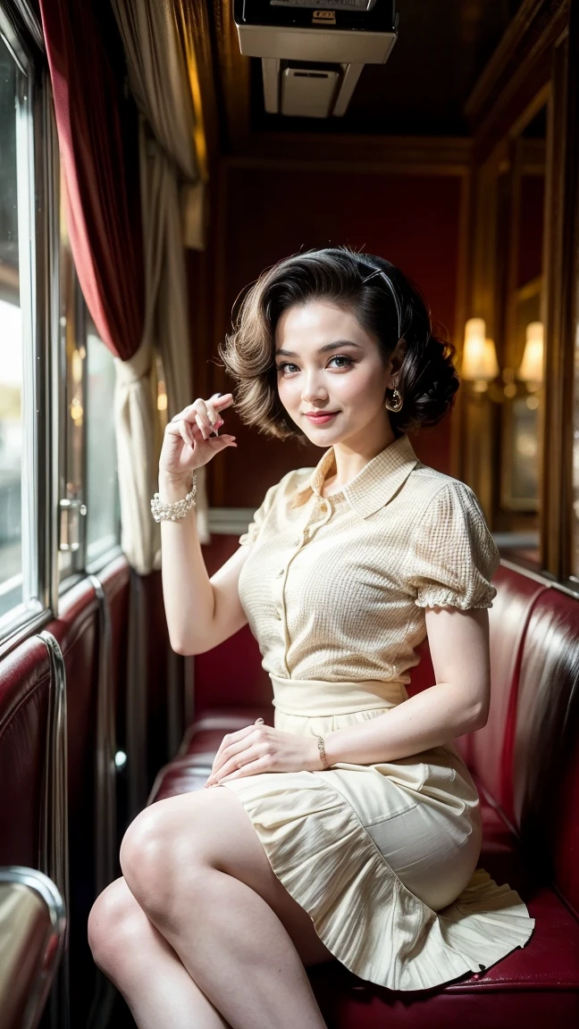 1girl dressed in a 1950s-inspired dress, complete with a full skirt and petticoat, her hair styled in classic pin curls. She should be seated at an old-fashioned diner, surrounded by vintage details like a jukebox, chrome accents, and neon signs. Her eyes should be sparkling with excitement, her skin flawless and glowing under the soft, dramatic lighting. This scene should be captured on 35mm film, with a beautiful depth of field and a slightly blurry, nostalgic background,, filmg,