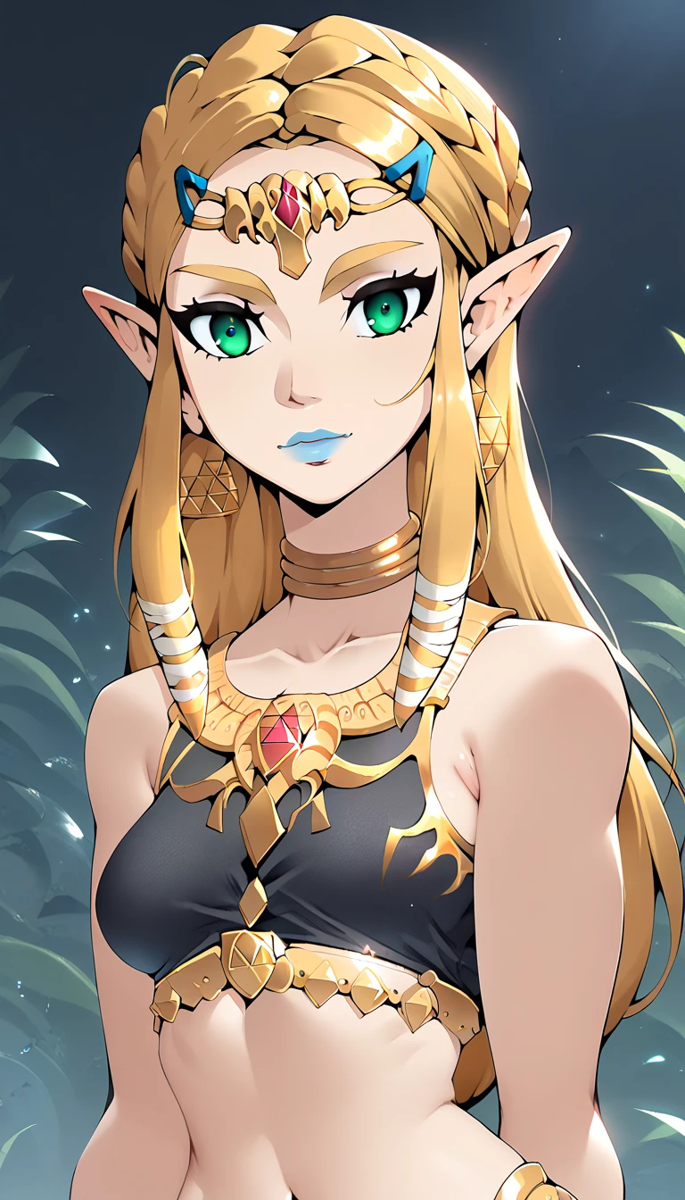 score_9, score_8_up, score_7_up, score_6_up, geewhy_style, princess Zelda,
1girl, solo, looking at viewer, jewelry, , long hair, green eyes, blonde hair, pointy ears, light-skinned female, makeup, lipstick,  neck ring, blue lips, breasts, bare shoulders,  crop top
cowboy shot, dutch angle, light smile, 
