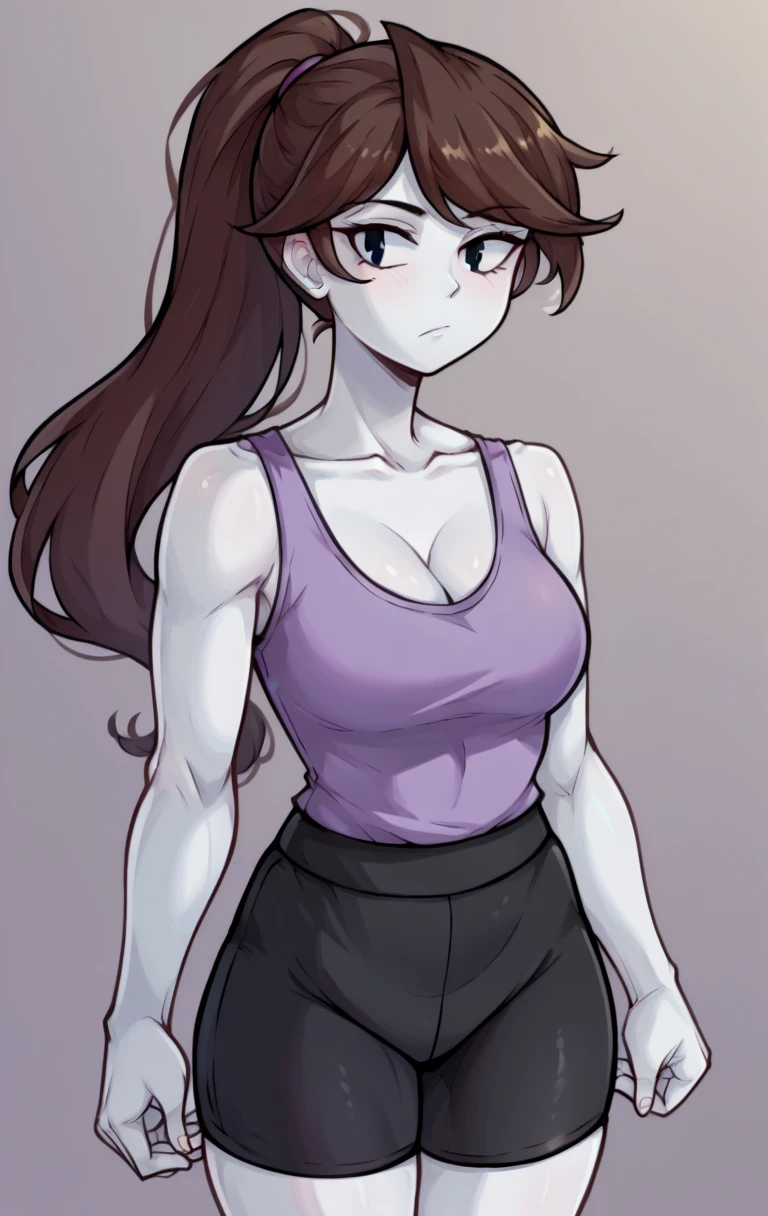 score_9,score_8_up,score_7_up BREAK jaidenSDXL,1girl,long hair, ponytail, brown hair,black eyes,shirt,cleavage,collarbone, black yoga shorts, white skin, purple tanktop, cowboy shot, gym background,