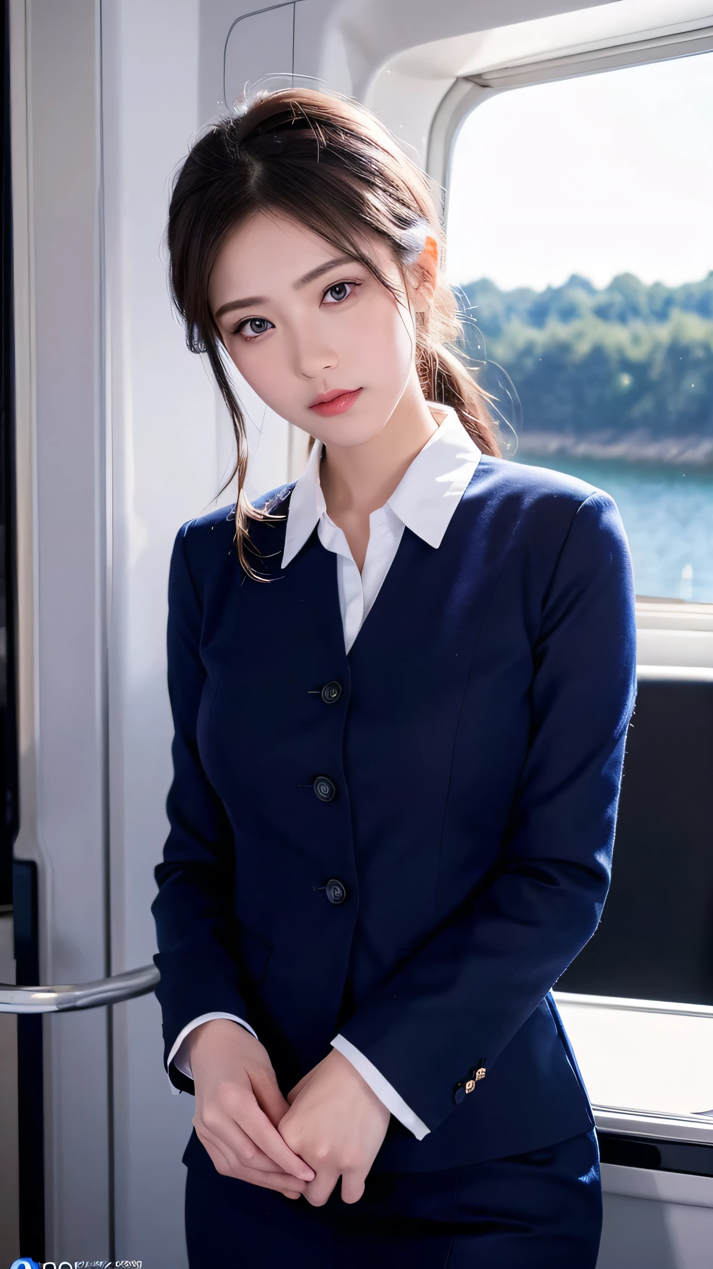  high-definition picture ,top quality, masterpiece, 8k,  Ultra Fine, ( photorealistic : 1.4),  1 girl,  beautiful faces,  symmetrical eyes, big,  perfect body proportions, navy blue stewardess uniform,  Viewers' Perspective, (In-flight: 1.2), Front View, ( on the boat deck and look at the camera),  absolute domain (1.3),Detailed images of what the in-flight looks like。