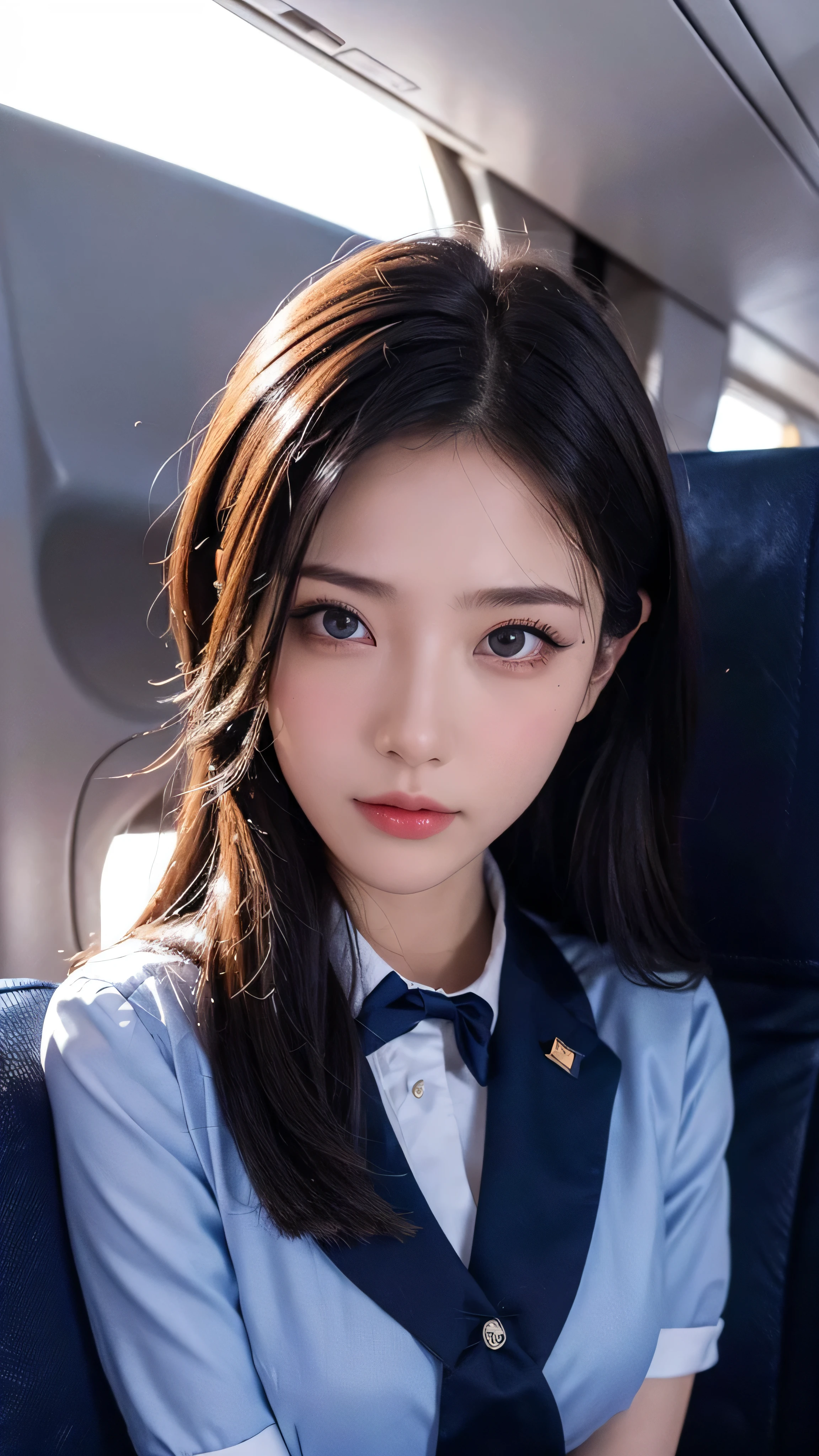  high-definition picture ,top quality, masterpiece, 8k,  Ultra Fine, ( photorealistic : 1.4),  1 girl,  beautiful faces,  symmetrical eyes, big,  perfect body proportions, navy blue stewardess uniform,  Viewers' Perspective, (In-flight: 1.2), Front View, ( on the boat deck and look at the camera),  absolute domain (1.3),Detailed images of what the in-flight looks like。