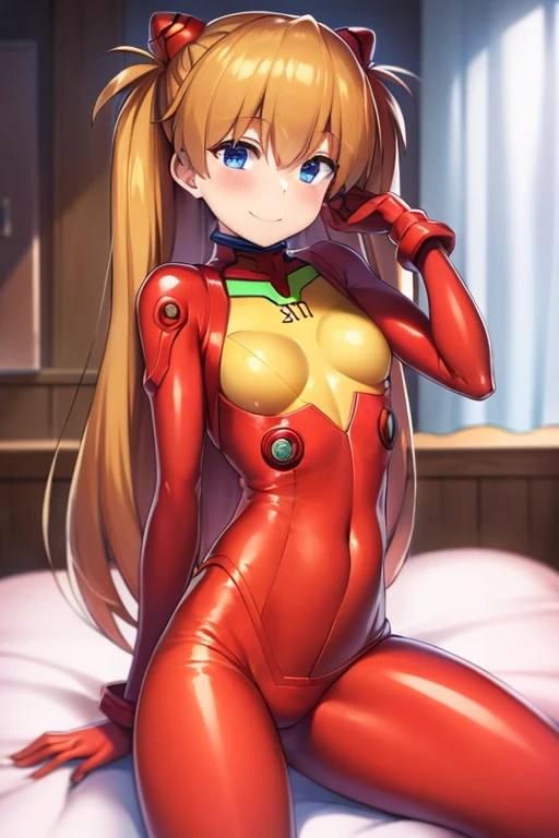 (( top quality )), ((masterpiece)), (be familiar with), perfect face, indoor, bedroom,  watching viewers,
One woman,  Soryu Asuka Langley ,
開いた口,  ecstatic expression beside the piano, blush, smile,
 small tits,  flat chest, Young girl, Lori,  s,  girl,
 long hair,  twin tails,
Leg spread,