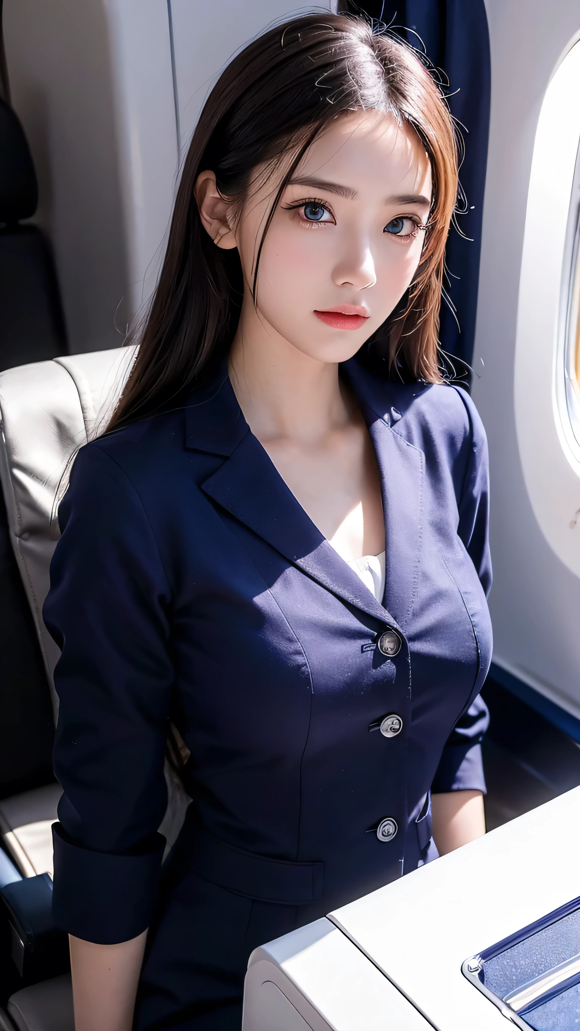  high-definition picture ,top quality, masterpiece, 8k,  Ultra Fine, ( photorealistic : 1.4),  1 girl,  beautiful faces,  symmetrical eyes, big,  perfect body proportions, navy blue stewardess uniform,  Viewers' Perspective, (In-flight: 1.2), Front View, ( on the boat deck and look at the camera),  absolute domain (1.3),Detailed images of what the in-flight looks like。