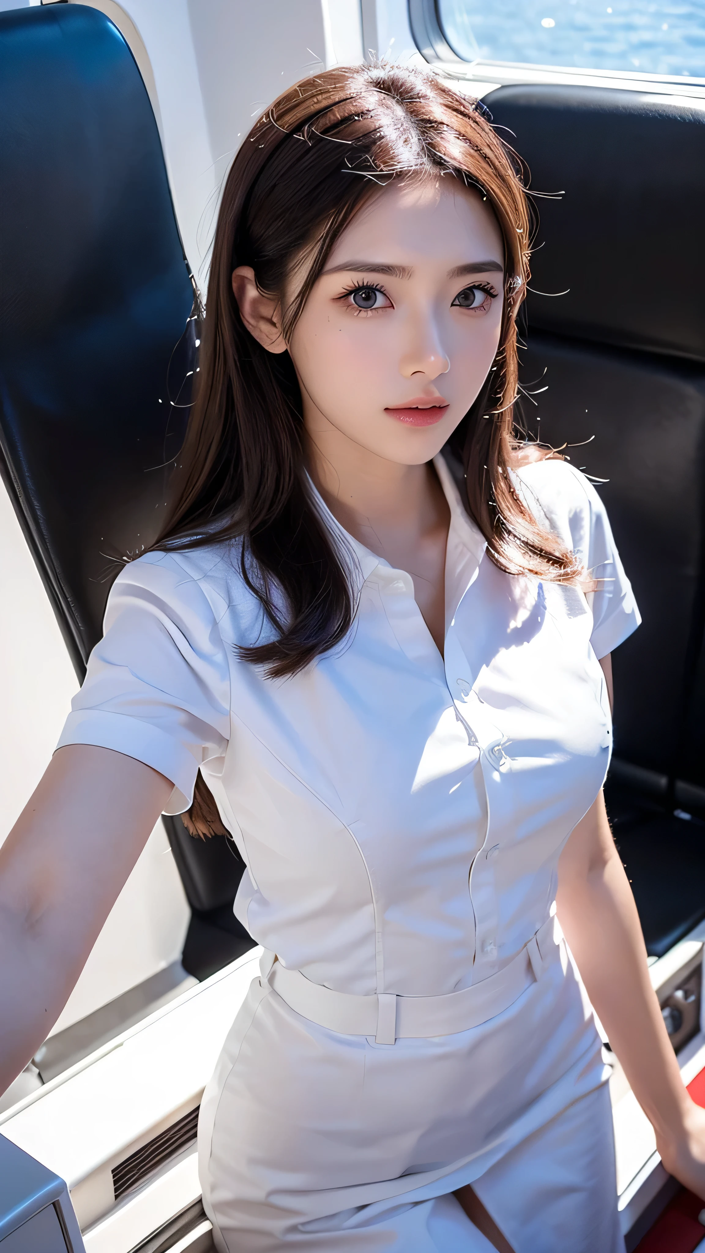  high-definition picture ,top quality, masterpiece, 8k,  Ultra Fine, ( photorealistic : 1.4),  1 girl,  beautiful faces,  symmetrical eyes, big,  perfect body proportions, white stewardess uniform,  red shirt、 Viewers' Perspective, (In-flight: 1.2), Front View, ( on the boat deck and look at the camera),  absolute domain (1.3),Detailed images of what the in-flight looks like。